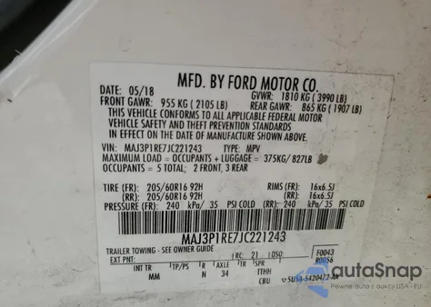 2018 Ford Ecosport S z USA, uszkodzony, nr VIN MAJ3P1RE7JC221243